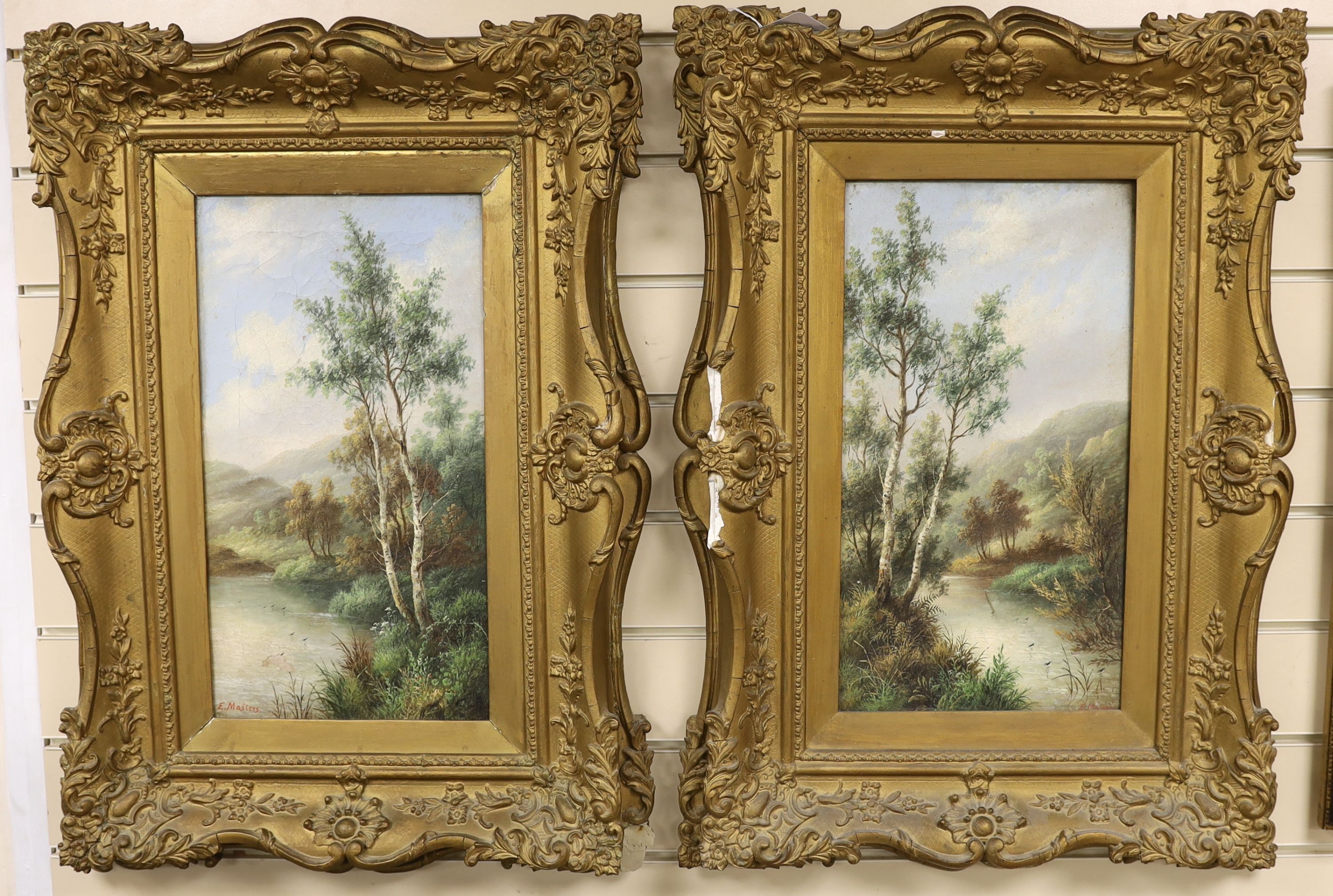 Edwin Masters, pair of oils on canvas, birch trees beside streams, signed, 46 x 25cm.